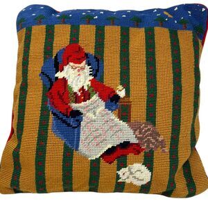 Vintage Needlepoint Christmas Throw Pillow Santa Resting In Recliner Cat Stripes